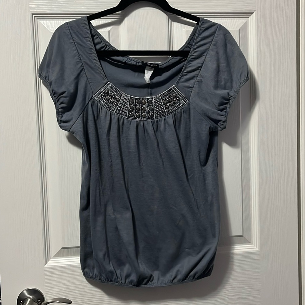 Women's Top Metallic Silver Beading on Grey Summer Dressy Casual Loose Shirt